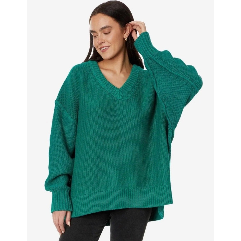 Free People Alli V-neck Emerald Green Oversized Chunky Knit Sweater Size Small‎